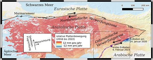 Map of Anatolian Plate showing tectronic boundaries,fault zones, and plate movement rates in milimeters per year