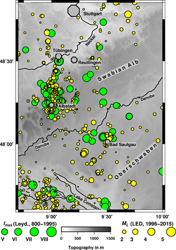 Historische Seismizität mit jeweiligen Magnituden