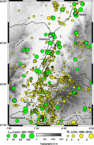 Historische Seismizität mit jeweiligen Magnituden im Oberrheingraben