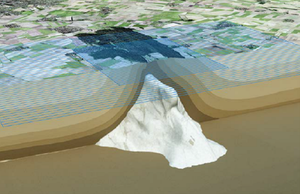 Layout der Messungen im Projekt 3D-Seismik Asse mit schematischem Schnitt durch den Untergrund. Die modellierte Salzstruktur ist in weiß dargestellt.