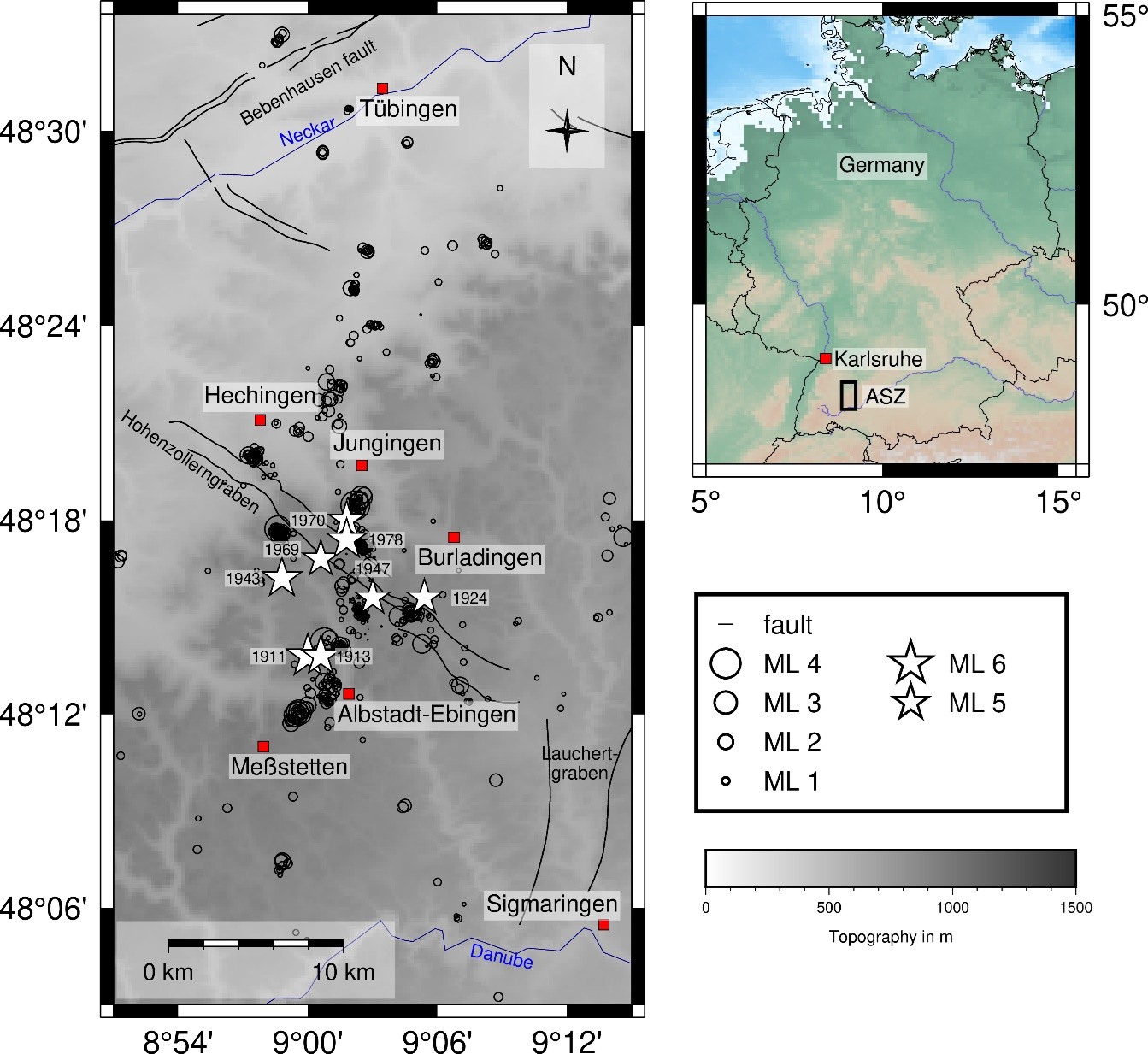 Seismologische Karte Südwestdeutschlands mit Epizentren, Verwerfungen und Topografie.