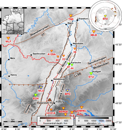 Region of the Upper Rhine Graben with (semi-) permanent seismological recording stations