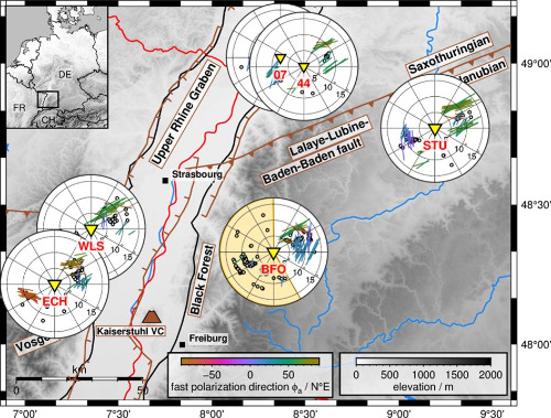 Visualisation of the first S-wave-splitting measurements as stereoplots at the Upper Rhine Graben